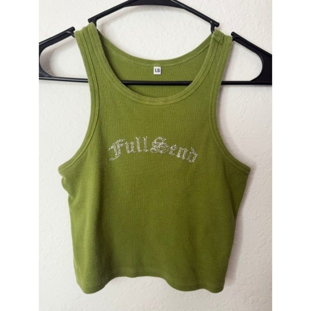 Full Send Rhinestone Graphic Ribbed Crop Tank Top Olive Green Large